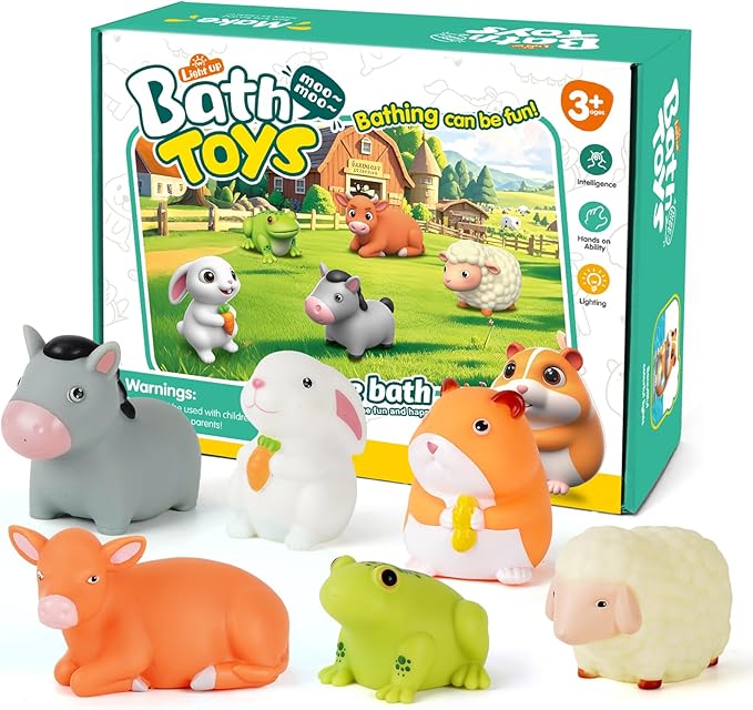 Bath Toys for Toddlers 1-3: 6 PCS Light-Up Farm Animal Bath Toy Set, Baby Bath Toys, Bathtub Pool Bath Toy for Kids, Christmas Birthday Gifts for Boys & Girls Ages 1 2 3+ Years Old