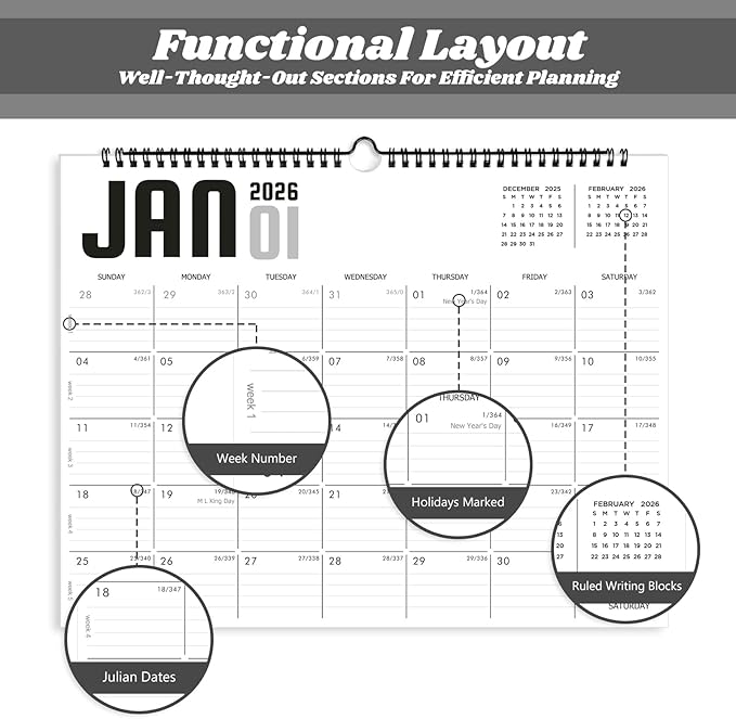 2026 Calendar, Wall Calendar 2026-2027, 18 Month Calendar January 2026 - June 2027, 14.8" X 11.5", Calendar with Twin-Wire Binding, Hanging Hook and Julian Dates (White Style)
