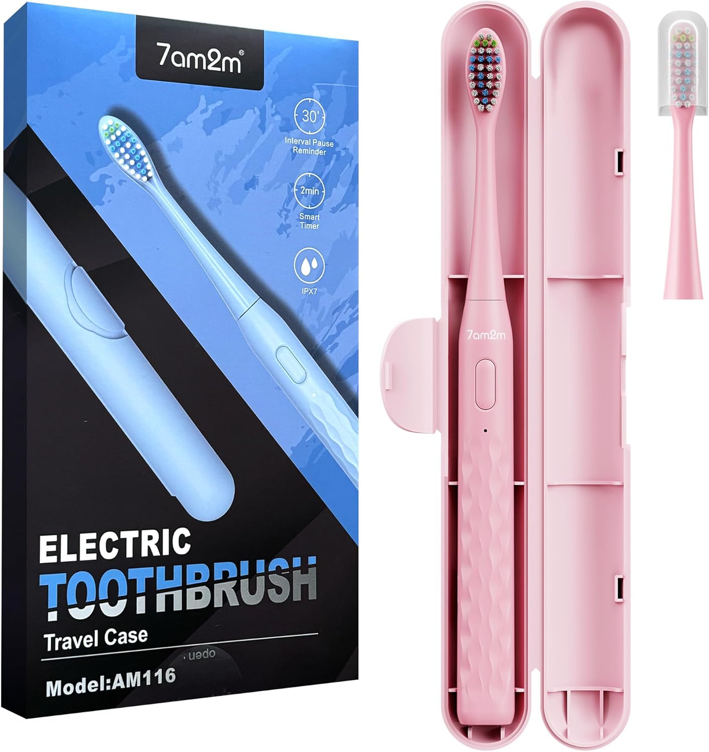 7AM2M Sonic Electric Toothbrush for Adults & Kids, with Travel Case&2 Brush Heads, 1 Charge for 90 Days, Type-C Rechargeable Sonic Toothbrush, Compact Design for Daily/Travel Use - Rose