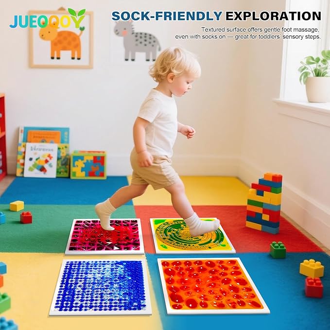 Liquid Sensory Floor Tiles for Kids Ages 3+, 12" Textured Step-On Tiles with Non-Slip Base, Interactive Color-Flow, Assorted Colors, Sensory Path Starter Set (4-Pack)