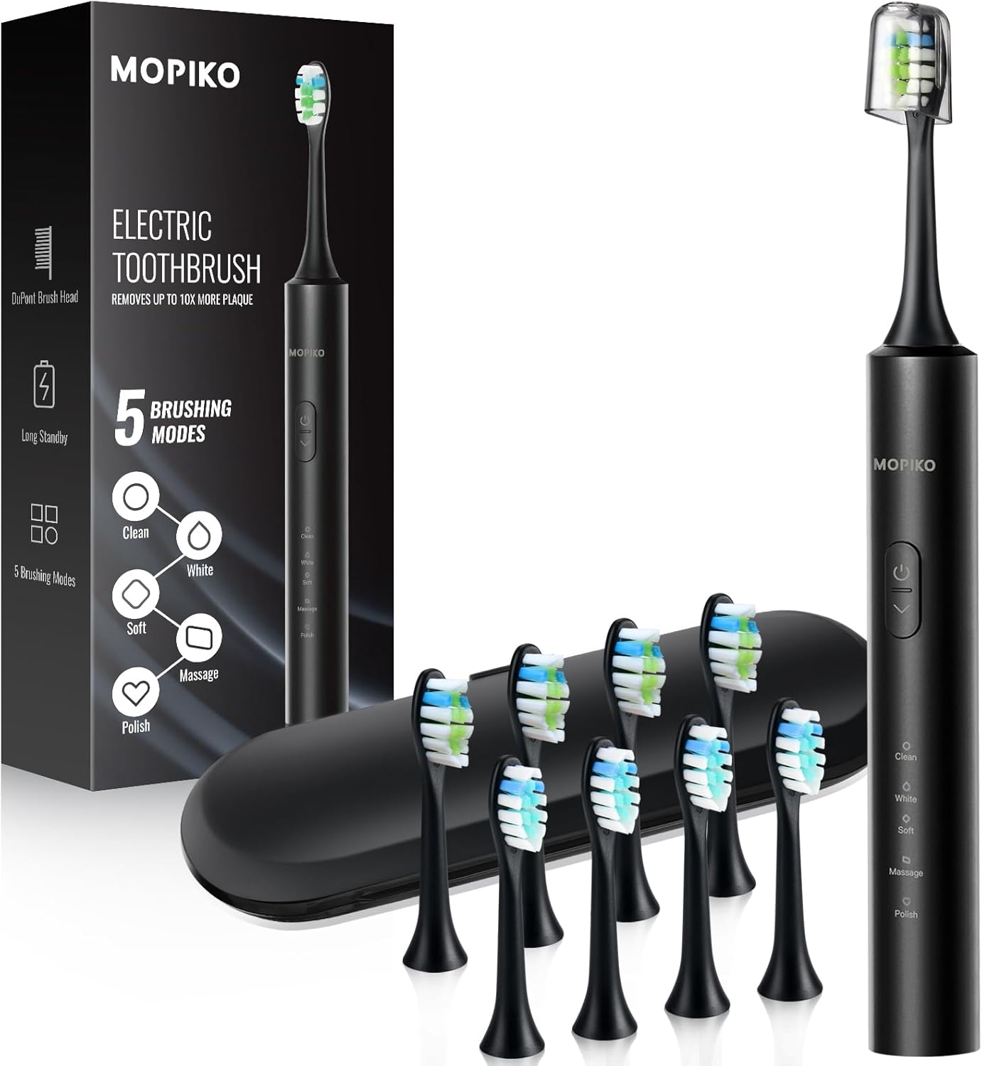 Sonic Electric Toothbrush for Adults - 5 Modes Power Sonic Rechargeable Black Electric Toothbrush with 8 Brush Heads