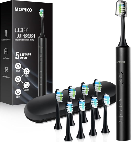 Sonic Electric Toothbrush for Adults - 5 Modes Power Sonic Rechargeable Black Electric Toothbrush with 8 Brush Heads