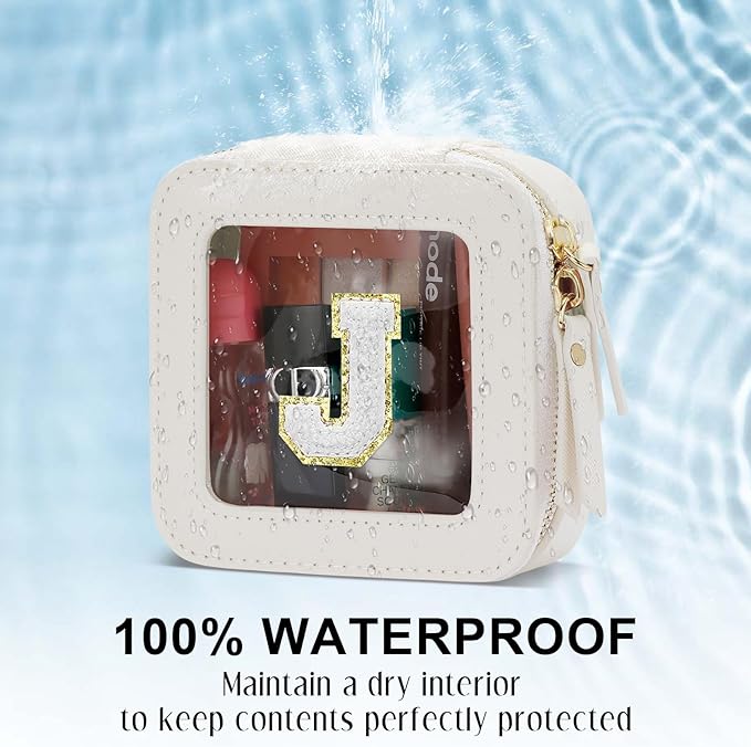 Initial Travel Toiletry Bag - Cosmetic Bags for Girls with Zipper, Clear & Potable Girls Makeup Bag for Travel, Small Cosmetic Pouch Perfect Gifts for Graduation (Beige, J)