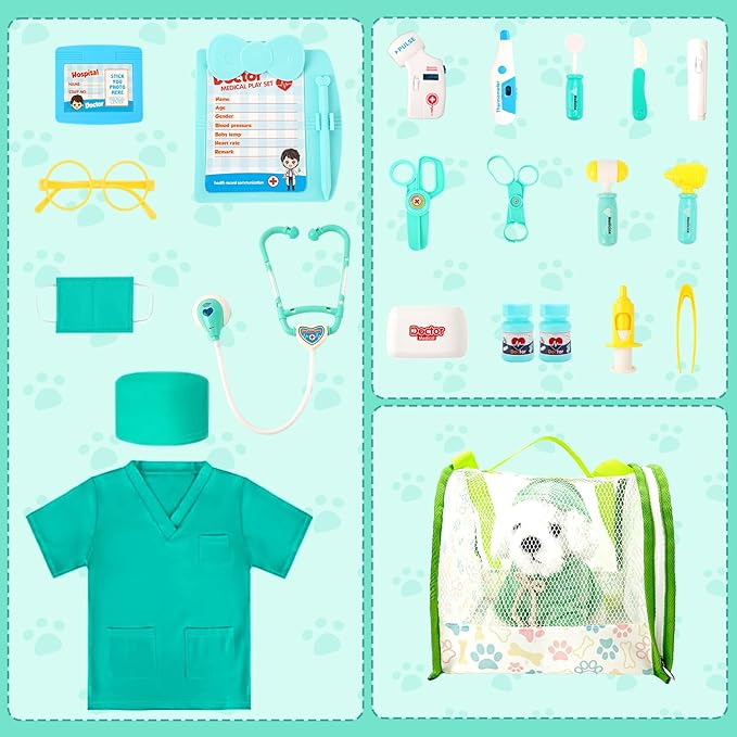 Doctor Kit for Toddlers 3-5, Kids Doctors Pretend Play Set with Plush Dog, Toy Stethoscope Veterinarian Playset for Girls Boys Role Play Vet Kits Christmas Birthday Gift Aged 3 4 5 6 7 Years