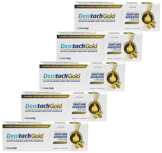 Denttach Gold Denture Adhesive, Petroleum Free Olive Oil Based Premium Denture Adhesive Cream for Full and Partial Dentures, All Day Secure Hold Denture Glue, Zinc Free, 2.4 Ounce