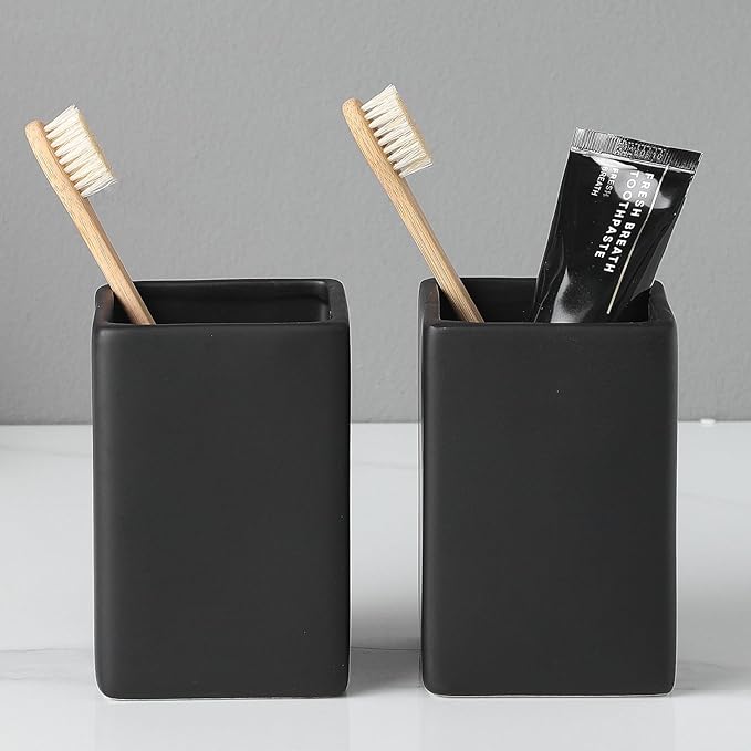 Black Square Toothbrush Holders for Bathrooms - 2 Cups Ceramic Square Toothbrush Toothpaste Holders Set, Bathroom Tumbler Cups Reusable Toothbrush Mouthwash Cup, Bathroom Counter Organizer.
