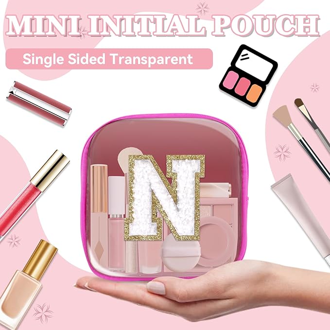 Mini Clear Personalized Initial Makeup Bag,Nylon Preppy A-Z Chenille Letter Patch Zipper Cosmetic Bag, Small Cute Beach Pouch Travel Purse Sanitary Napkin Storage Bag for Women Girls(Hot Pink-White N)