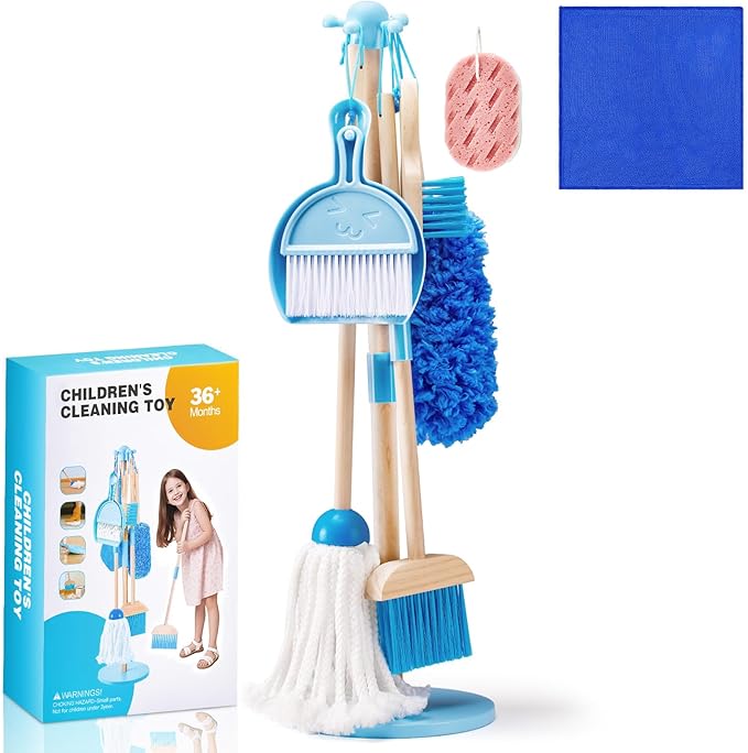 WHOHOLL Wooden Kids Cleaning Toy Set, Montessori Toys for Toddlers 3-5, Housekeeping Play Set Includes Broom Mop Duster Dustpan Sponge and Organizing Stand, Christmas Birthday Gifts for Boys Girls