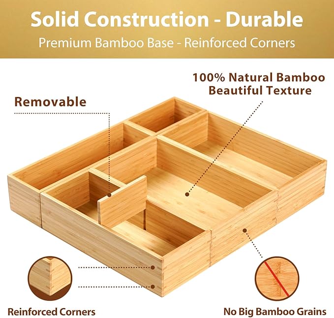 Umilife Drawer Organizer Storage Boxes, 2.5" High Bamboo Drawer Dividers, 5 Rearrangeable Bins for Kitchen, Office Desktop, Clothing, Makeup, vanity, Jewelry