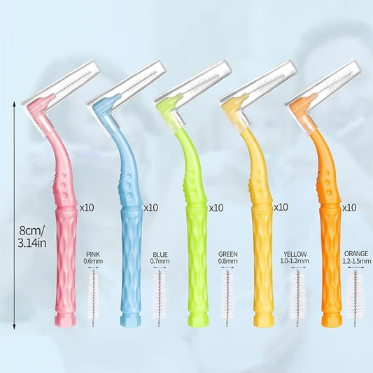 50pcs Interdental Brushes, 5 Sizes Braces Brush Set Soft Dental Brushes with Non-Slip Handle Angled Head Tooth Picks Floss Sticks Dental Floss Brushes for Braces Oral Cleaning