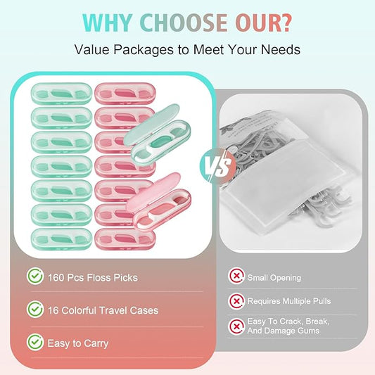 Travel Floss,160 PCS Portable Flossers Dental Picks,16 Pack Individually Cases with Flossing Pick,Floss Sticks for Adults Teeth Cleaning, Sealed Storage Ideal for Family, Hotel, Trip