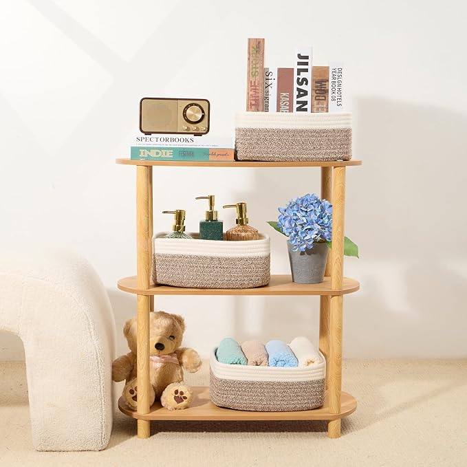 Small Storage Baskets for Organizing | Closet Organizer Bins | Shelf Toy Basket | Woven Rope Baskets | Cube Decorative Box | Shallow Basket | 11.5x7.5x4.7” | 4 Packs White Brown