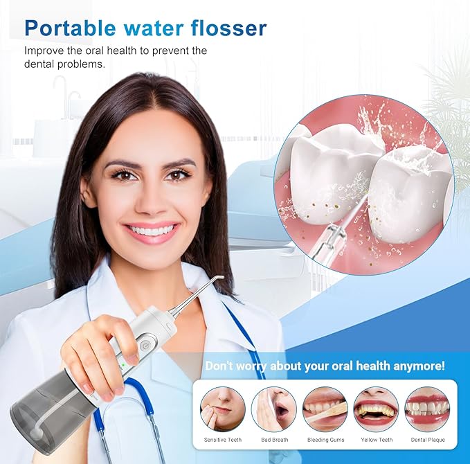 Cordless Water Dental Flosser oral irrigator,JNGOODS 300ml Rechargeable water flosser for teeth IPX7 Waterproof 4 Modes portable Oral Irrigator with 4 jet tips, Travel Home use (White)