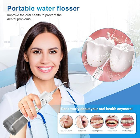 Cordless Water Dental Flosser oral irrigator,JNGOODS 300ml Rechargeable water flosser for teeth IPX7 Waterproof 4 Modes portable Oral Irrigator with 4 jet tips, Travel Home use (White)