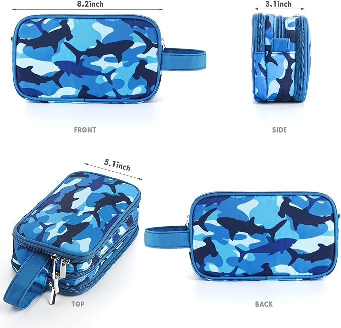 Kids Toiletry Bag for Boys, Travel Toiletry Bag for Little Young Boys Waterproof Hanging Wash Bag Toddler Traveling Toiletries, Shark Blue