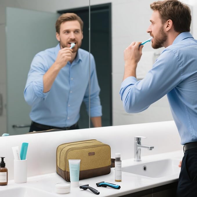 WANDF Travel Toiletry Bag for Men Large Toiletries Shaving Bag Water Resistant Hanging Dopp Kit Travel Accessories Bag for Women Men (Khaki)