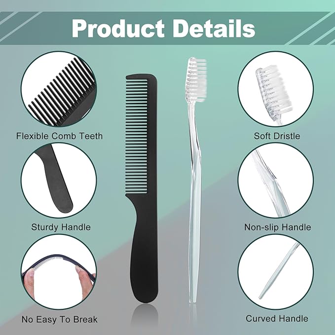 50pcs Disposable Toothbrushes with Toothpaste and Comb Floss Individually Wrapped, 4-in-1 Bulk Toothbrush Kit with 2 Color Toothbrush,10g Toothpaste,7 inch Comb, Floss Pick for Homeless,Hotel