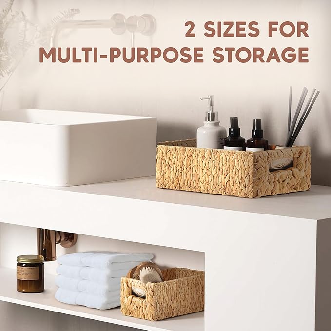 Greenatural Water Hyacinth Storage Baskets Set of 2, Handwoven Rectangular Organizer Trays with Built-in Handles in 2 Sizes, Nested Wicker Bins for Shelf, Bathroom, Kitchen, Office, Natural Decor