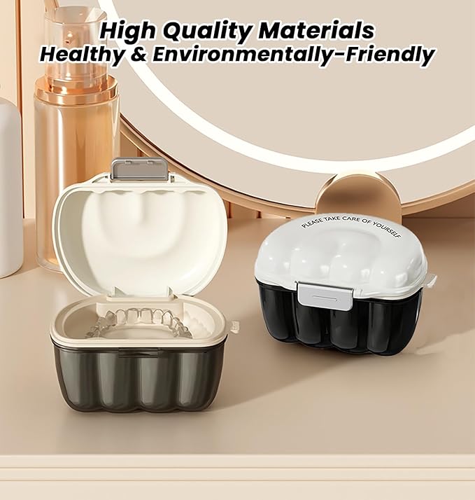 AARAINBOW Retainer Cleaner Case, Leak Proof Denture Bath Box with Strainer Basket, 2 in 1 Denture Container for Travel, Braces Storage Bath Box Mouth Guard Cleaning Denture Holder (D White)