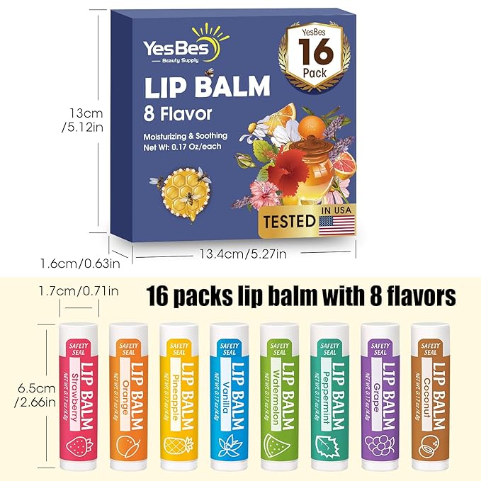 16 Pack Lip Balm, Natural Lip Balm Bulk with Vitamin E and Coconut Oil, Moisturizing Lip Balms for Dry Cracked Lips, Lip Balms for Stocking Stuffers - 8 Flavors