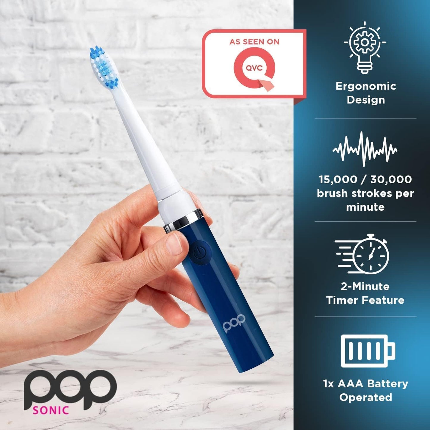 2-Pack Pop Sonic Electric Toothbrush (Navy Blue) - Travel Toothbrushes w/AAA Battery | Kids Electric Toothbrushes with 2 Speed & 15,000-30,000 Strokes/Minute, Dupont Nylon Bristles