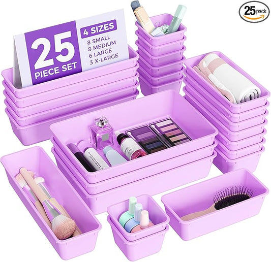25 PCS Plastic Drawer Organizers Set, 4-Sizes Vanity and Makeup Organizer, Desk and bathroom Drawer Organizer Trays, Organizers and Storage for Makeup, Jewelry, Gadgets, Utensils (Purple)