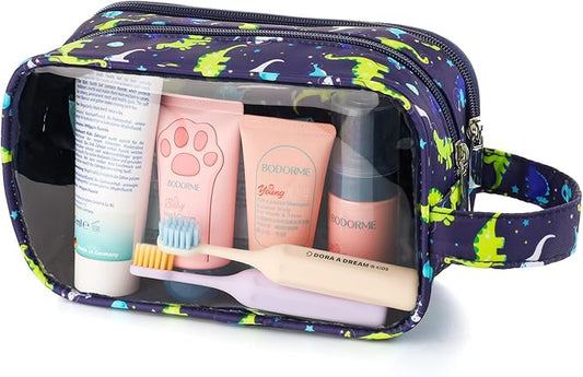 Dinosaur Kids Toiletry Bag for Boys, Travel Clear Toiletry Bag for Little Young Boys Waterproof Hanging Wash Bag Toddler Traveling Toiletries, Navy