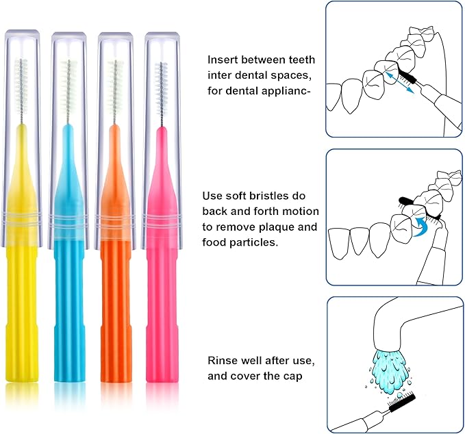 Patelai 100 Pieces Braces Brush for Cleaner Interdental Brush Toothpick Dental Flossing Head Oral Hygiene Flosser Tooth Cleaning Tool(Light Blue,Pink,Yellow,Orange)
