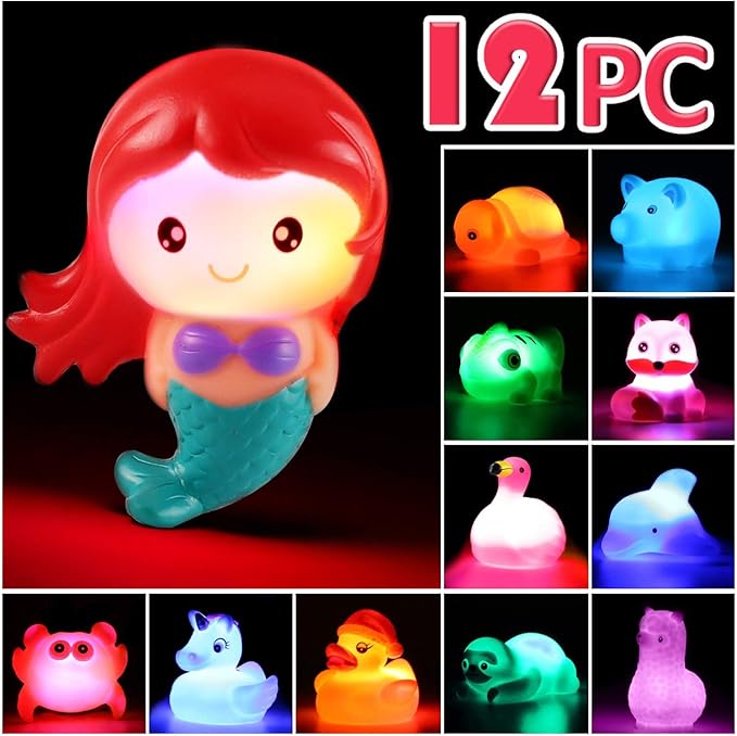 No Hole Bath Toy, 12 Pack Light up Animal, Flashing Color Tub Toys for Toddler Swimming Pool Party Bathtub Bathroom Shower Game, Bathtub Floating Water Toy for Infant Kid Toddler Boy Girl