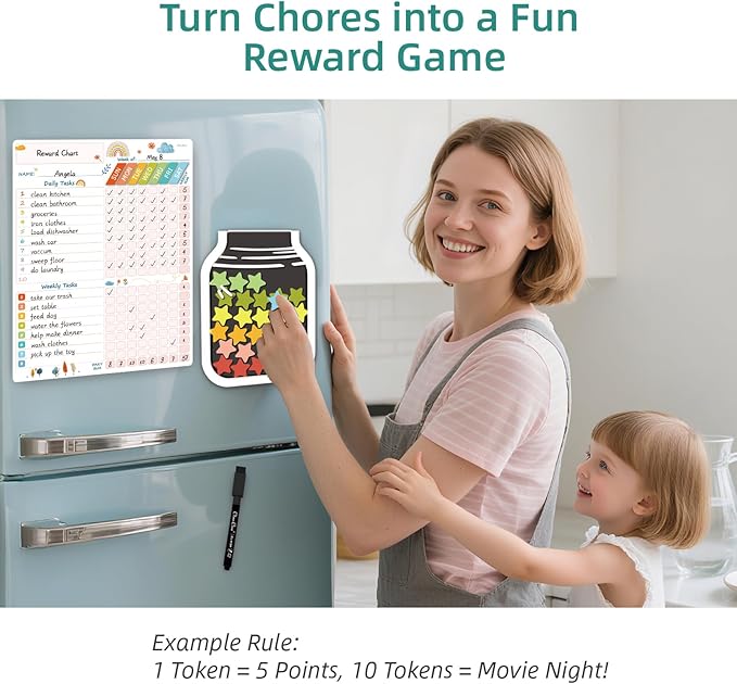 Magnetic Responsibilty Reward Chart for Kids - Magnetic Reward Jar with Stars Included - Ideal for Home Chore Tasks&Reward System