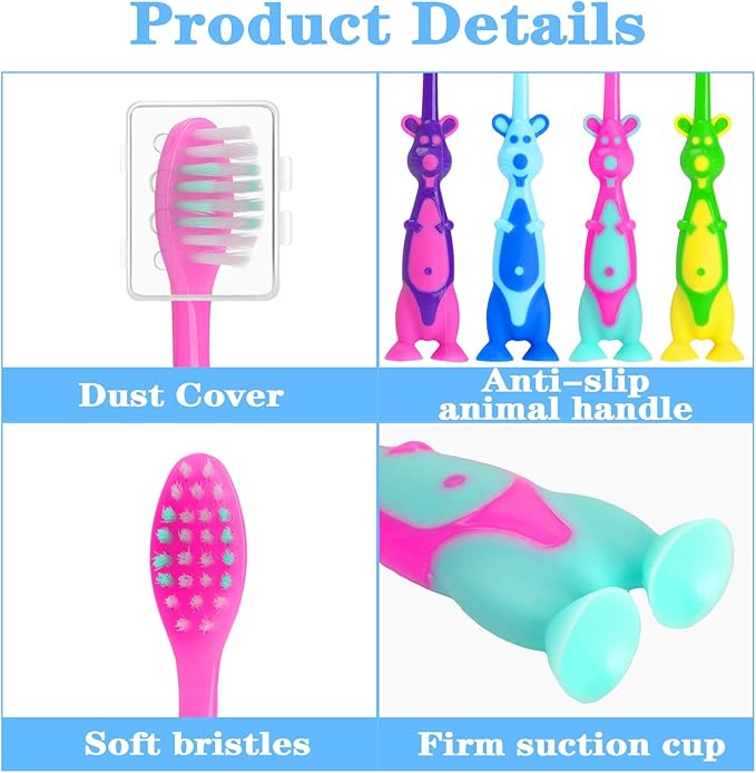 200 Pack Kids Toothbrush Bulk Soft Bristles Toddler Cute Toothbrush with Suction Cup, Includes Travel Covers, Individually Wrapped Toothbrushes for Kid Home School Daycare Camp (Kangaroo)