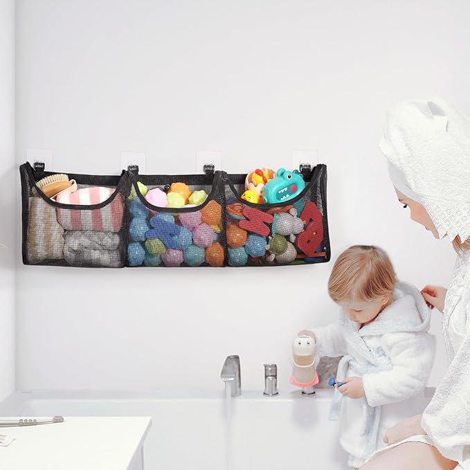 Goowin Bath Toy Storage, Bath Toy Holder, 3 Compartment Large Openings Bath Toy Organizer, Large Capacity Bath Tub Toy Holder, Kids Bathtub Toy Storage For Accessing & Sorting Toys (Black, Regular)