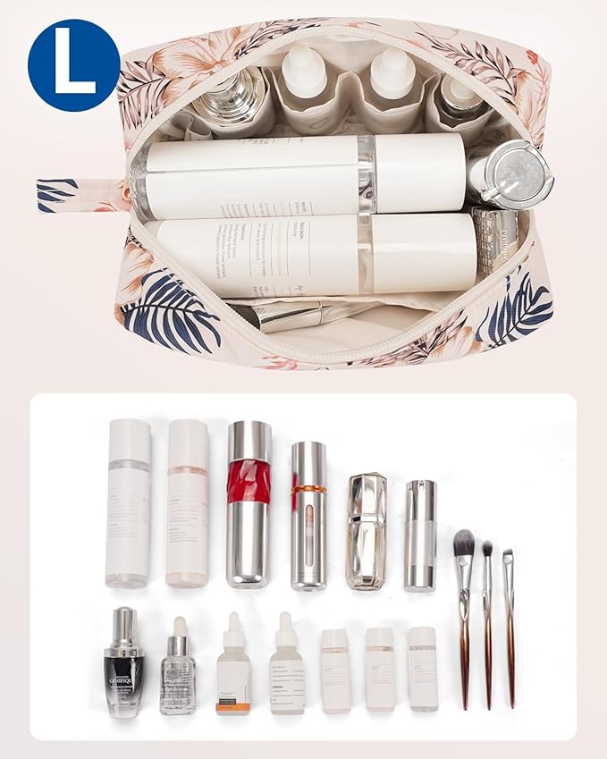 Narwey Cute Makeup Bag Small Toiletry Bag Travel Cosmetic Bag Organizer Make Up Bags with Organized Pockets for Women (Beige Flamingo, Large)