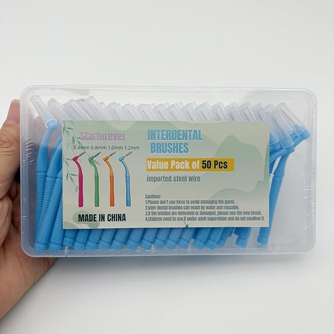 50 Pcs Interproximal Brush, Gum Interdental Brushes, L Angle Reusable Dental Cleaners Brushes,Disposable Oral Dental Hygiene Brush,Dental Toothpick Floss for Braces,Tooth Cleaning Tool (Blue)
