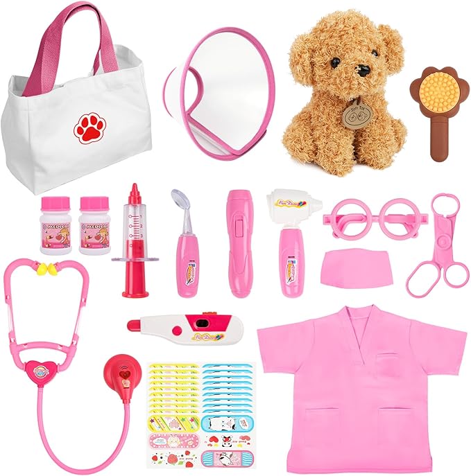 Liberry Doctor Kit for Toddlers Age 3 4 5 6, 26 Pcs Kids Doctor Playset with Dog Toy, Stethoscope and Dress Up Costume, Pretend Play Medical for Girls, Pink