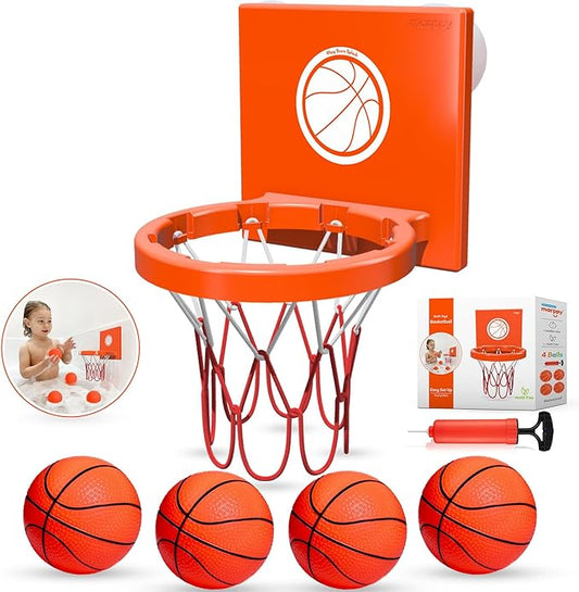 Bath Toys - Bathtub Basketball Hoop for Kids, Toddlers - Suction Cup Basketball Hoop and 4 Soft and No Hole Balls - Baby & Toddler Mini Basketball Hoop - Boys & Girls