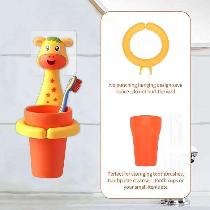 Kids Toothbrushes Holder Animal Tooth Cup Holder Wall Mounted Sucker Toothpaste Storage Set Cute Household Toothpaste Rack Mouthwash Cup Rack for Children,No Punching Shelf Bracket with Cup
