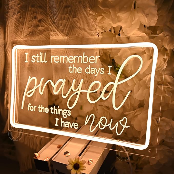 SYLHOME Pray Led Neon Light Sign I Still Remember The Day I Prayed for The Things I Have Now Home Bedroom Retro Church Decor Inspirational Table Blessed Motivational Signs USB 15.75"X9.8"