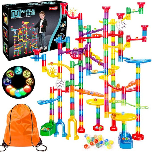 Meland Marble Run - 208Pcs Marble Maze Game Building Toy for Kids, Marble Track Race Set & STEM Learning Toy Gift for Boy Girl Age 4 5 6 7 8 9+(142 Pcs + 60 Glass + 5 Led Lighted Marbles)