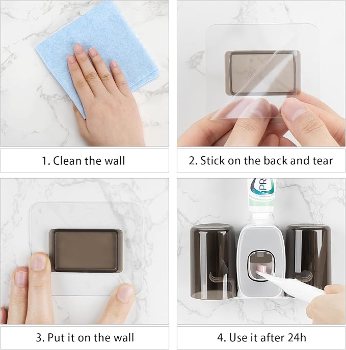 4 Slots Wall Mount Toothbrush Holder with Cover, Self Adhesive Toothbrush Storage Organizer for Shower, Toothbrush Hanger with 2 mouthwash Cups for Bathroom, Medicine Cabinet, Dorm (White)