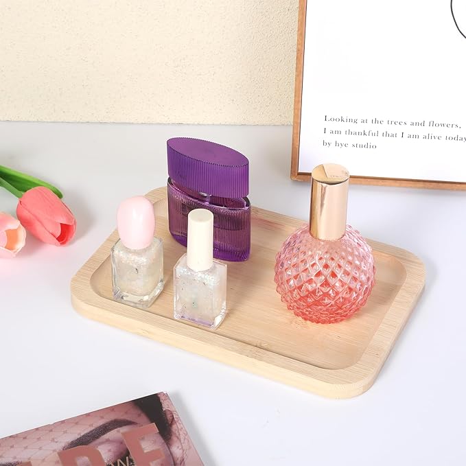 Small Bamboo Trays Bathroom Tray Smooth Thick Bamboo Vanity Trays for Perfume, Candles, Cosmetics, Bathtub Storage Rack, Breakfast Tray, Coffee Bar (8.46 x 5.9 Inch)