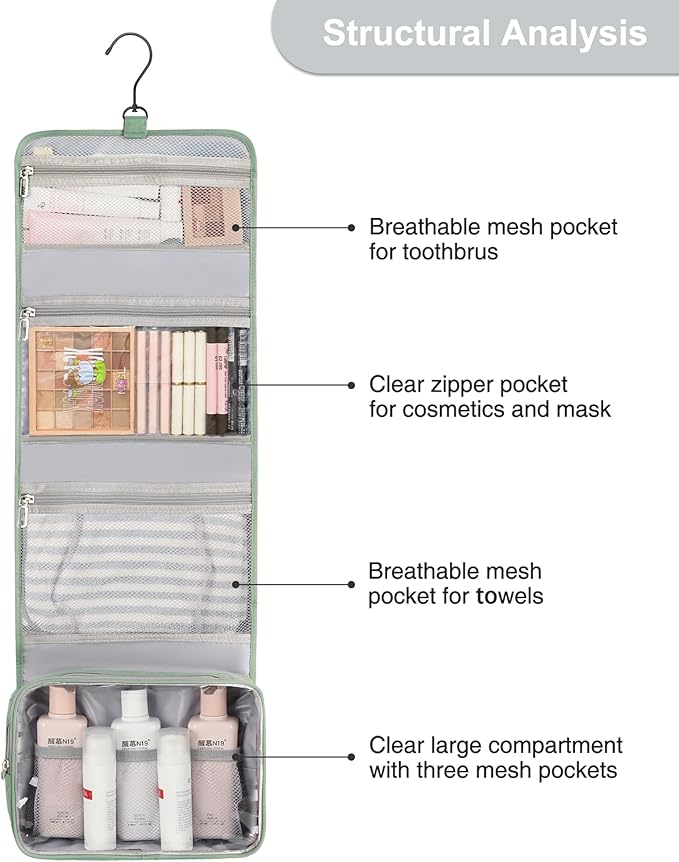 Relavel Travel Hanging Toiletry Bag for Men Women Travel Kit Shaving Bag Waterproof Large Makeup Bag Wash Bag Makeup Organizer Cosmetic Case for Bathroom Shower Green Pro