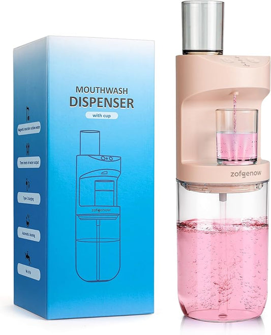 Automatic Mouthwash Dispenser for Bathroom,Bathroom Accessories 19.4 Fl Oz Dispensers with Magnetic Cups,Wall Mounted Dispenser,Suitable for All Age Groups,Pink