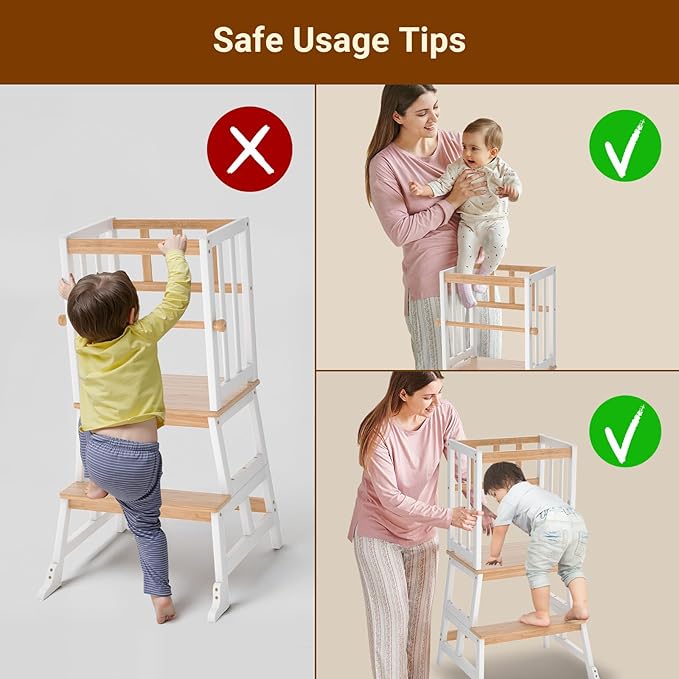 COSYLAND Kids Kitchen Step Stool, Toddler Standing Tower with CPC Certification, Removable Anti-Drop Railing Enjoys Unique Patented Design A Anti-tip Stable Structure 1.5-3 Years Natural & White