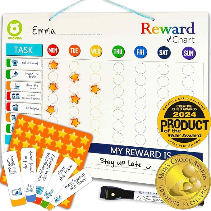 QUOKKA Reward Chart for Kids - Magnetic Behavior Chore Chart for Kids at Home - Dry and Erase Routine and Responsibility - Use 84 Magnets & 102 Stars - from Toddlers to Teens - Version 1 Extended