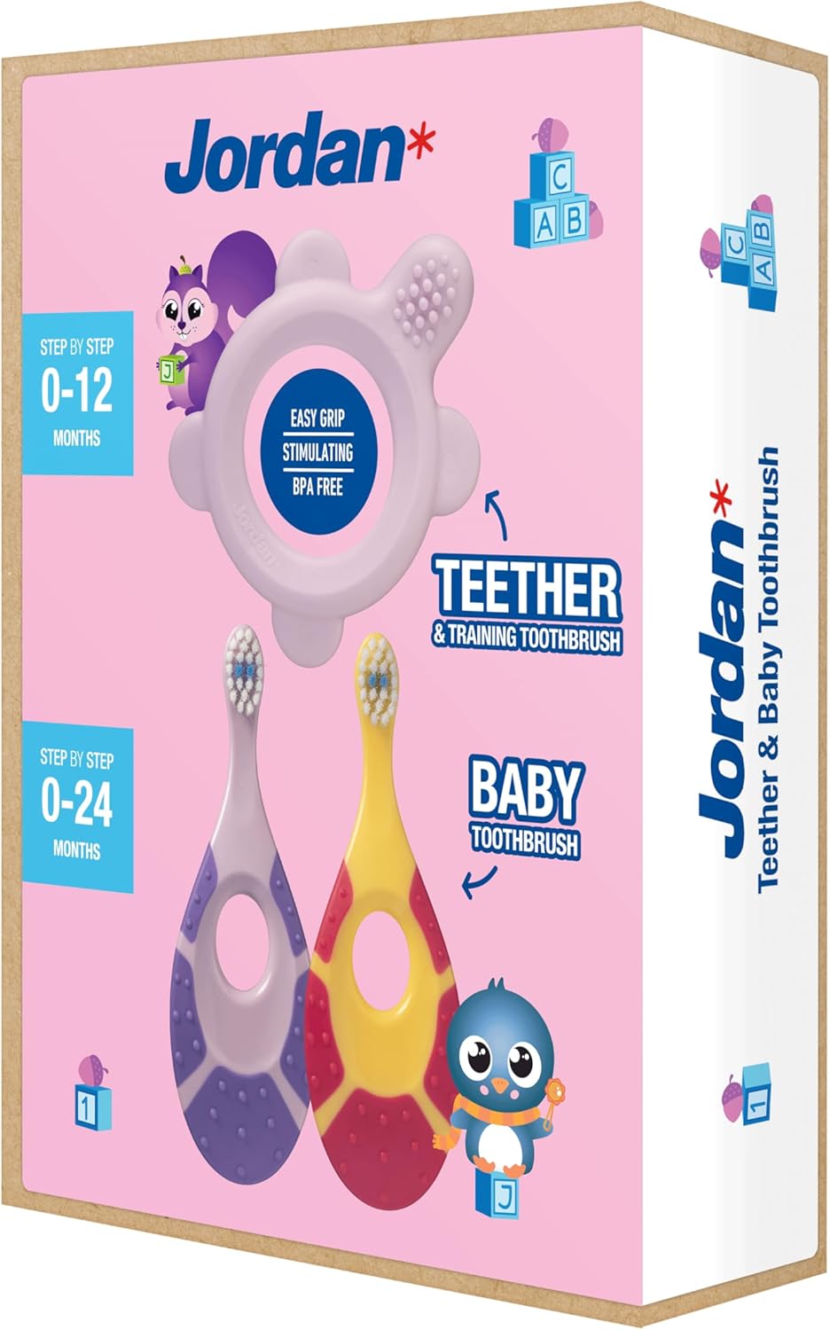 Jordan ® | Step 0 Teether & Training Toothbrush | BPA-Free, Hygienic, 2-in-1 Teething & Early Brushing Solution for Babies | Pink | 1 Teether + 2 Step 1 Baby Toothbrush