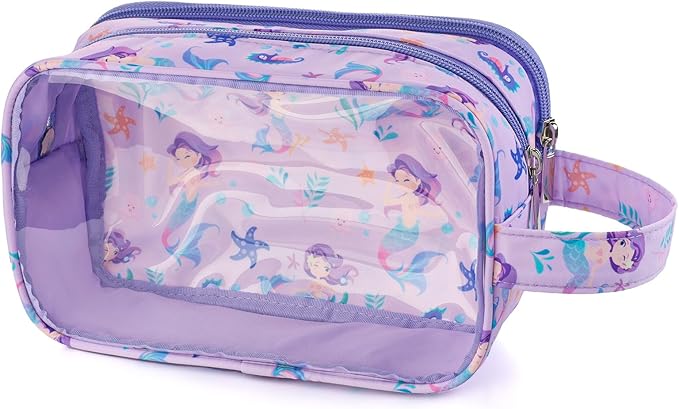 Kids Toiletry Bag for Girls, Travel Clear Toiletry Bag for Little Young Girls Cosmetic Bag Makeup Bag Waterproof Hanging Toddler Wash Bag, Purple Mermaid