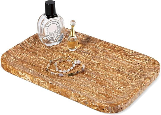 Natural Marble Vanity Tray, 11.8" Travertine/Stone Bathroom Tray Countertop, Golden Stone for Perfume Jewelry Holder, Decorative Dresser Organizer, Storage for Kitchen Sink(Walnut Traver)