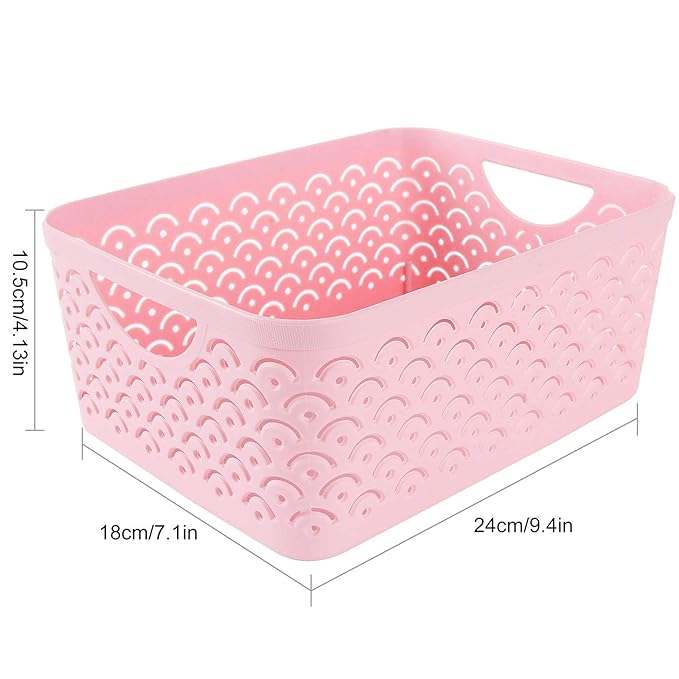 STARVAST 5 Pack Plastic Storage Baskets, Portable Pink Fish Scale Pattern Hollow Desktop Storage Bin Box with Handle for Kitchen, Bathroom, Kids Room or Nursery Storage – 9.4 x 7.1 x 4.1 inches