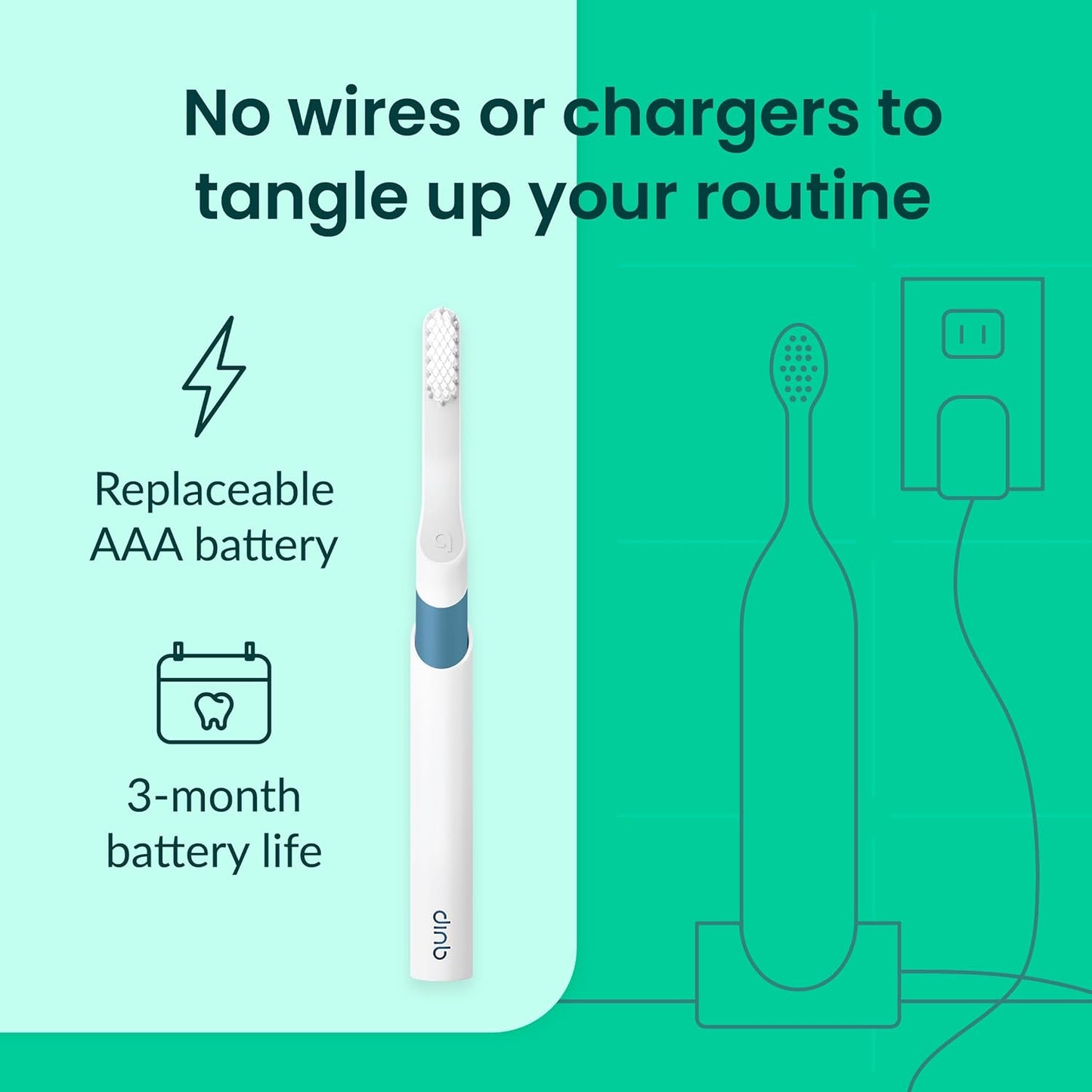 Quip Sonic Electric Toothbrush for Adults - Time Travel & Soft Bristles with Travel Case & Replacement Brush Head - 3 Month Battery Life, Plastic Handle - Marine Blue